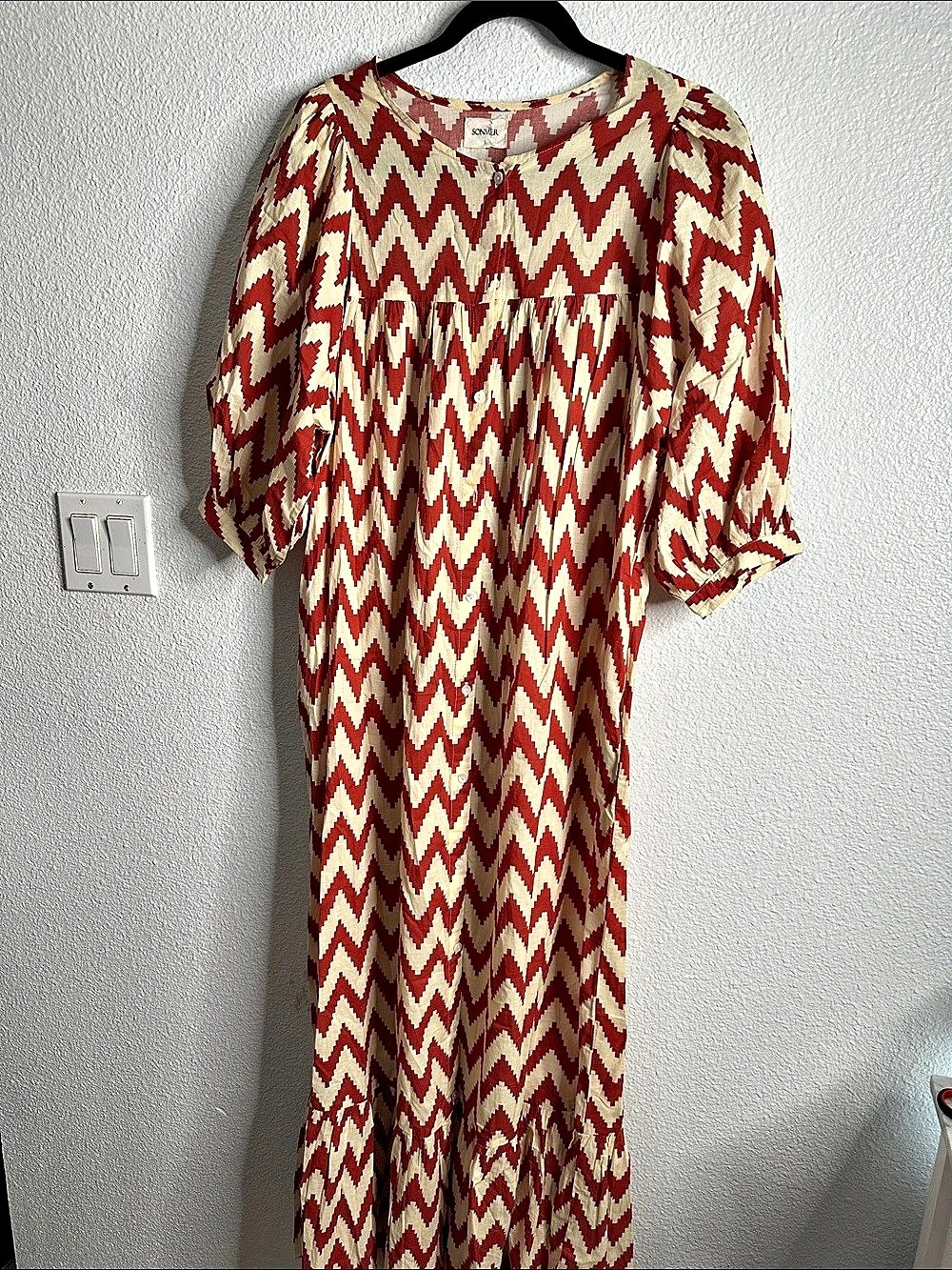 Anthropology SONMER Simona Zig-Zag Printed button front cotton Maxi Dress Red &